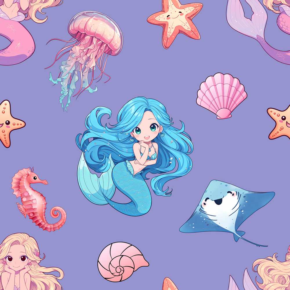Cute Blue Mermaid Jellyfish Seahorse and Ocean Creatures Purple Background