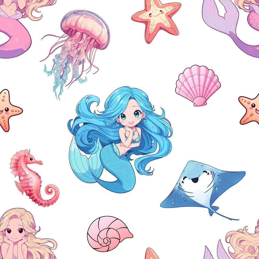Cute Blue Mermaid Jellyfish Seahorse and Ocean Creatures Light Grey