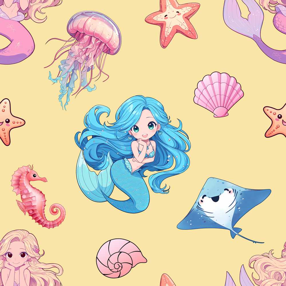 Cute Blue Mermaid Jellyfish Seahorse and Ocean Creatures Soft Yellow