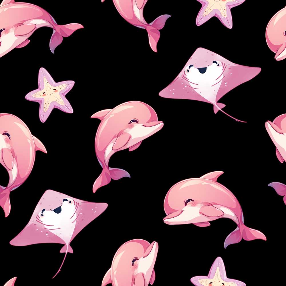 Cute Pink Dolphin Stingray Starfish Ocean Creatures Black Background