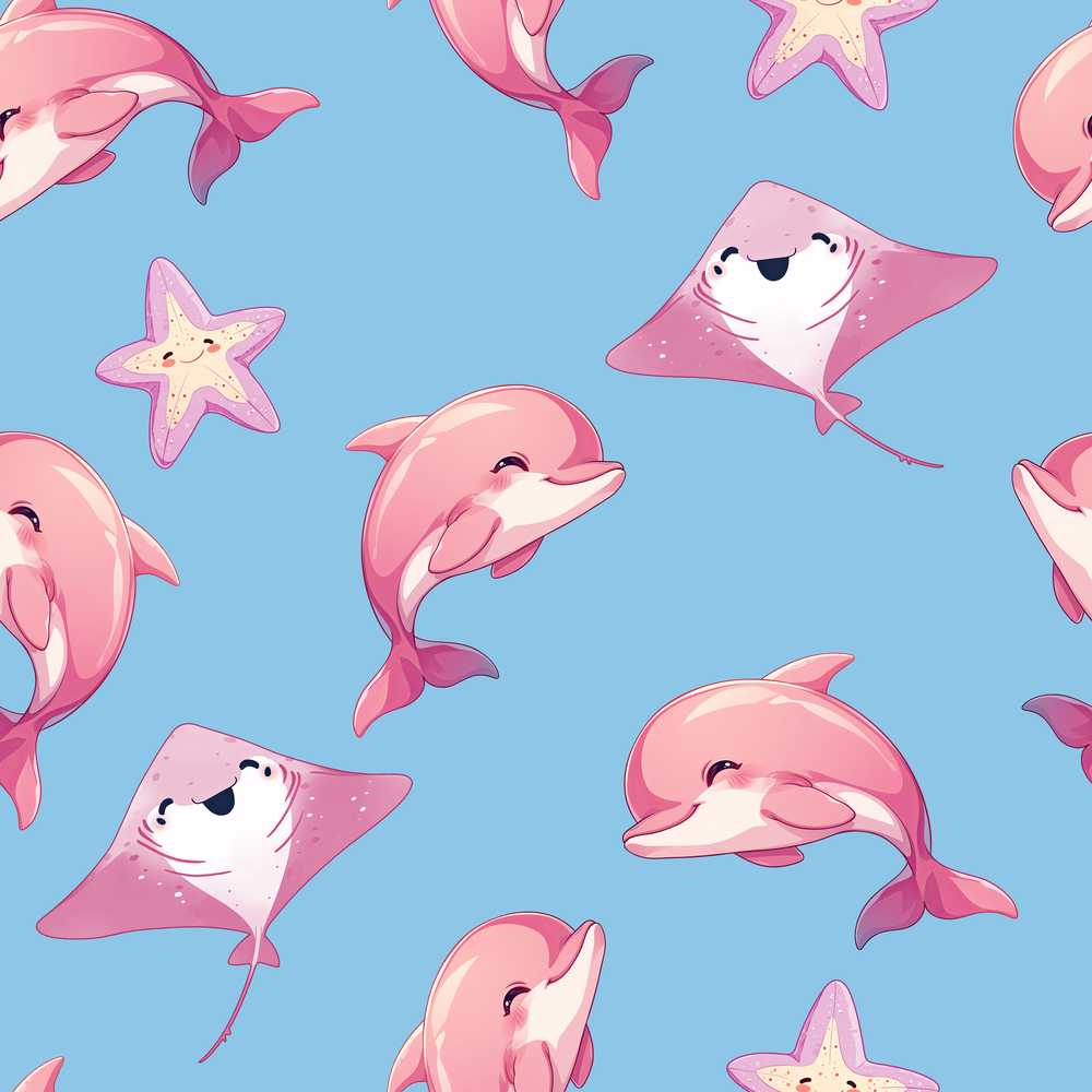 Cute Pink Dolphin Stingray Starfish Ocean Creatures Light Blue Background
