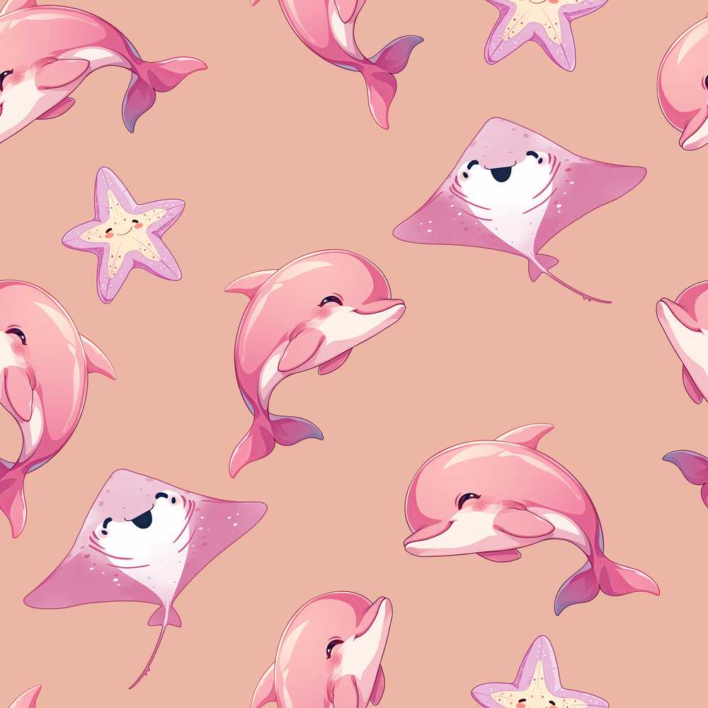 Cute Pink Dolphin Stingray Starfish Ocean Creatures Peach Background