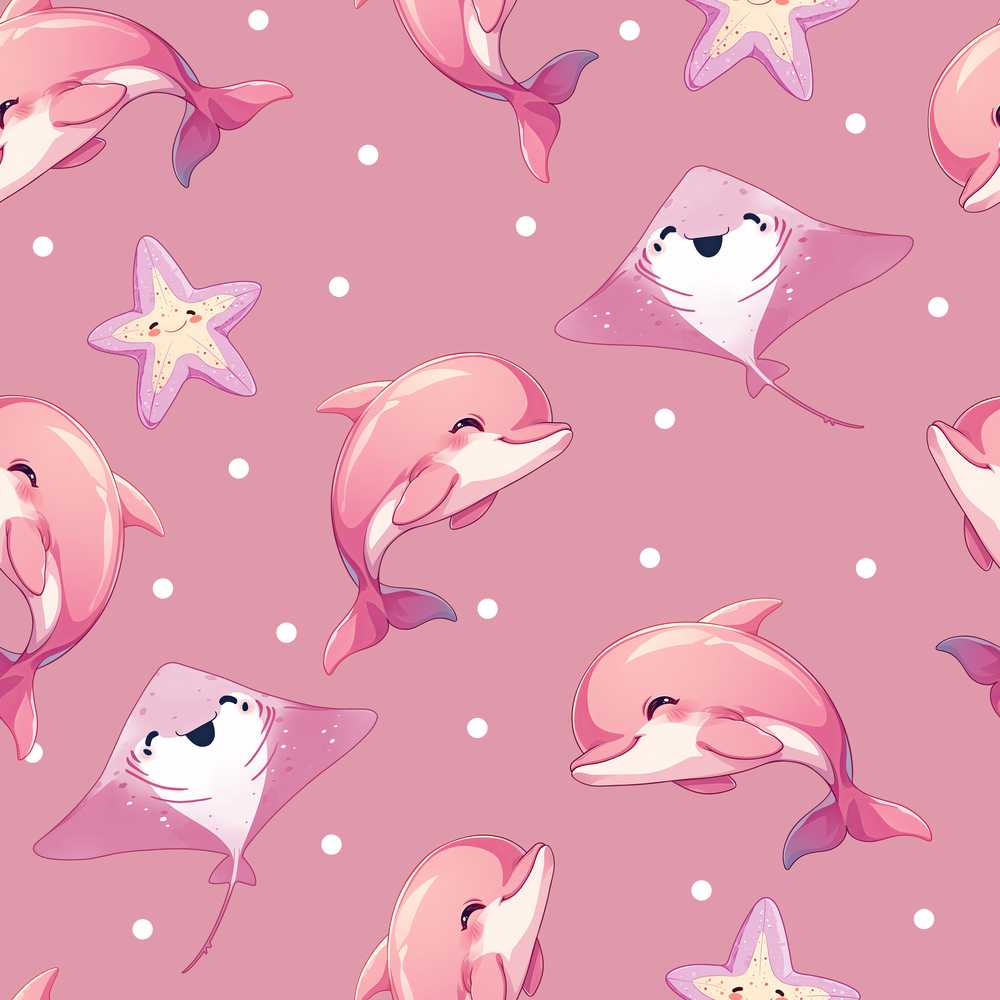 Cute Pink Dolphin Stingray Starfish Ocean Creatures Pink Polka Dot