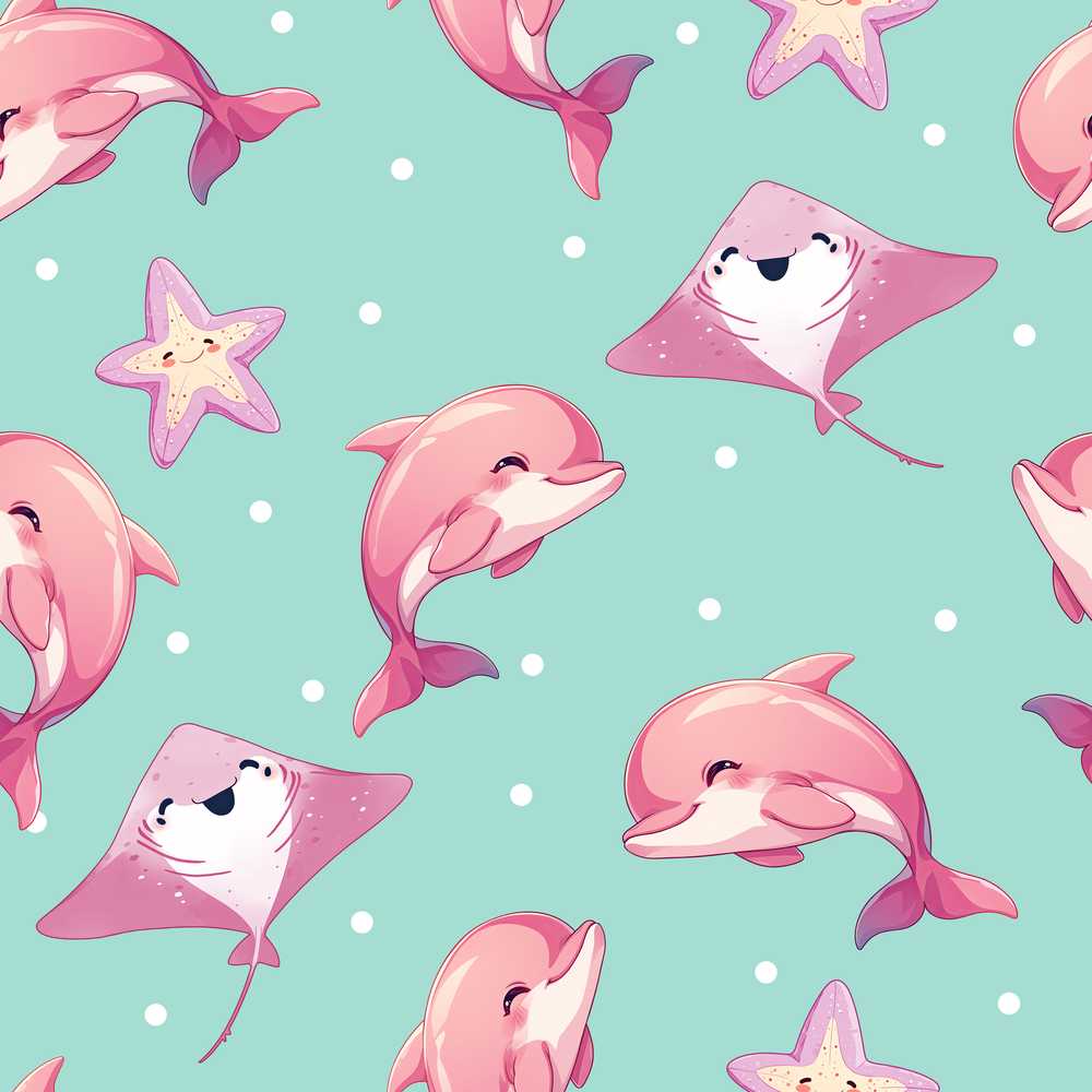 Pink Dolphin Stingray Starfish Ocean Creatures Mint Green Polka Dot