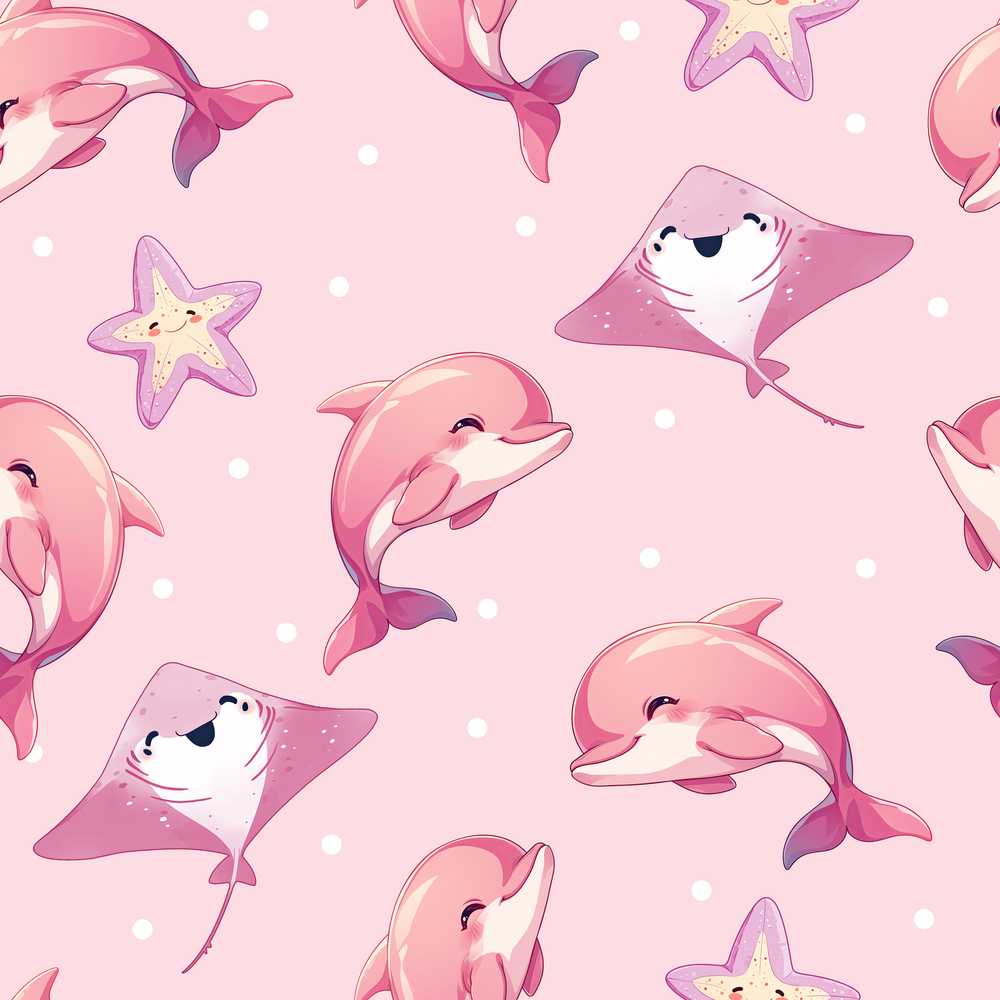 Pink Dolphin Stingray Starfish Ocean Creatures Soft Blush Polka Dot