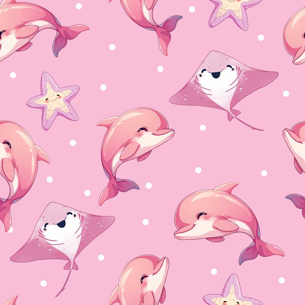 Pink Dolphin Stingray Starfish Ocean Creatures Light Pink Polka Dot