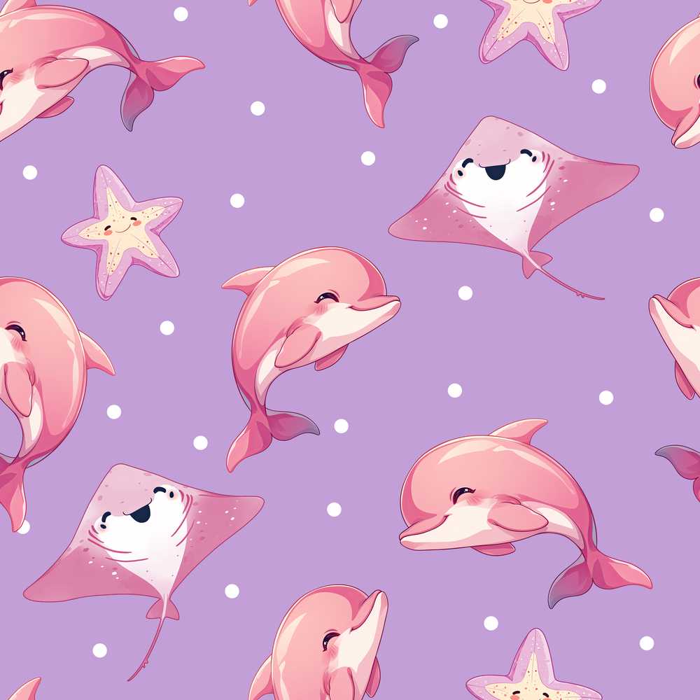 Pink Dolphin Stingray Starfish Ocean Creatures Purple Polka Dot Background
