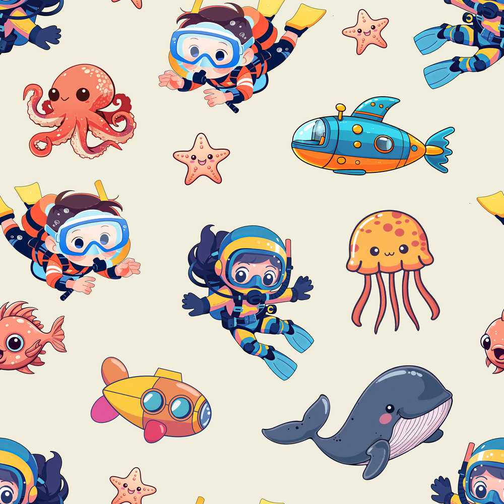 Kids Scuba Divers Submarine Jellyfish Ocean Animals Cream Background