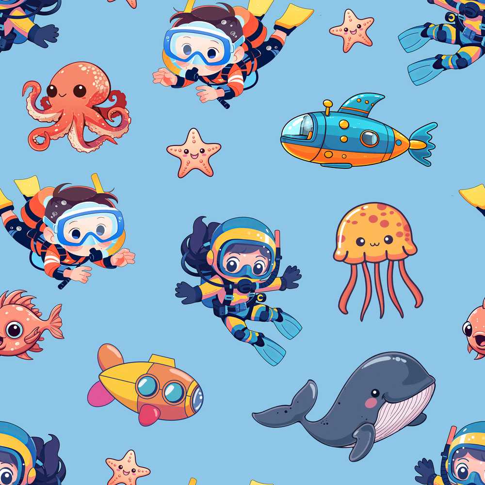 Kids Scuba Divers Submarine Jellyfish Ocean Animals Blue Background