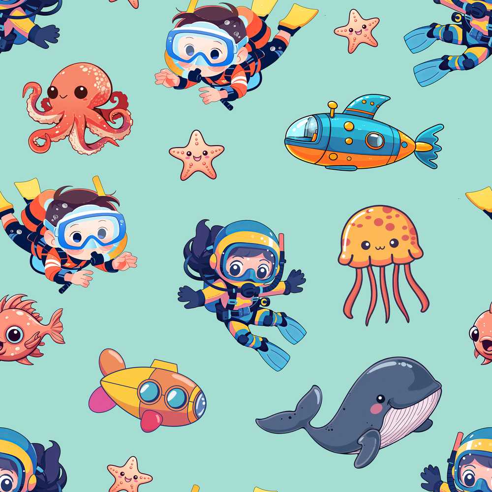 Kids Scuba Divers Submarine Jellyfish Ocean Animals Mint Green Background