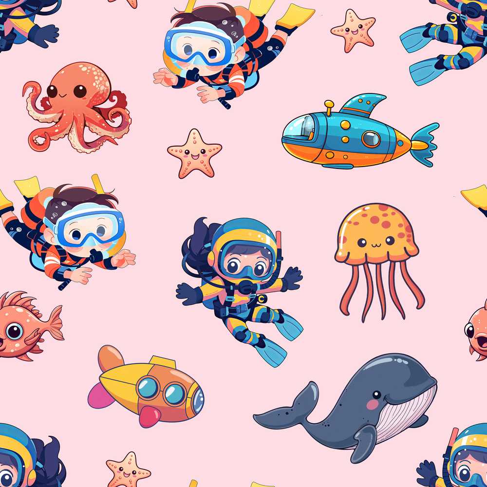 Kids Scuba Divers Submarine Jellyfish Ocean Animals Soft Pink Background