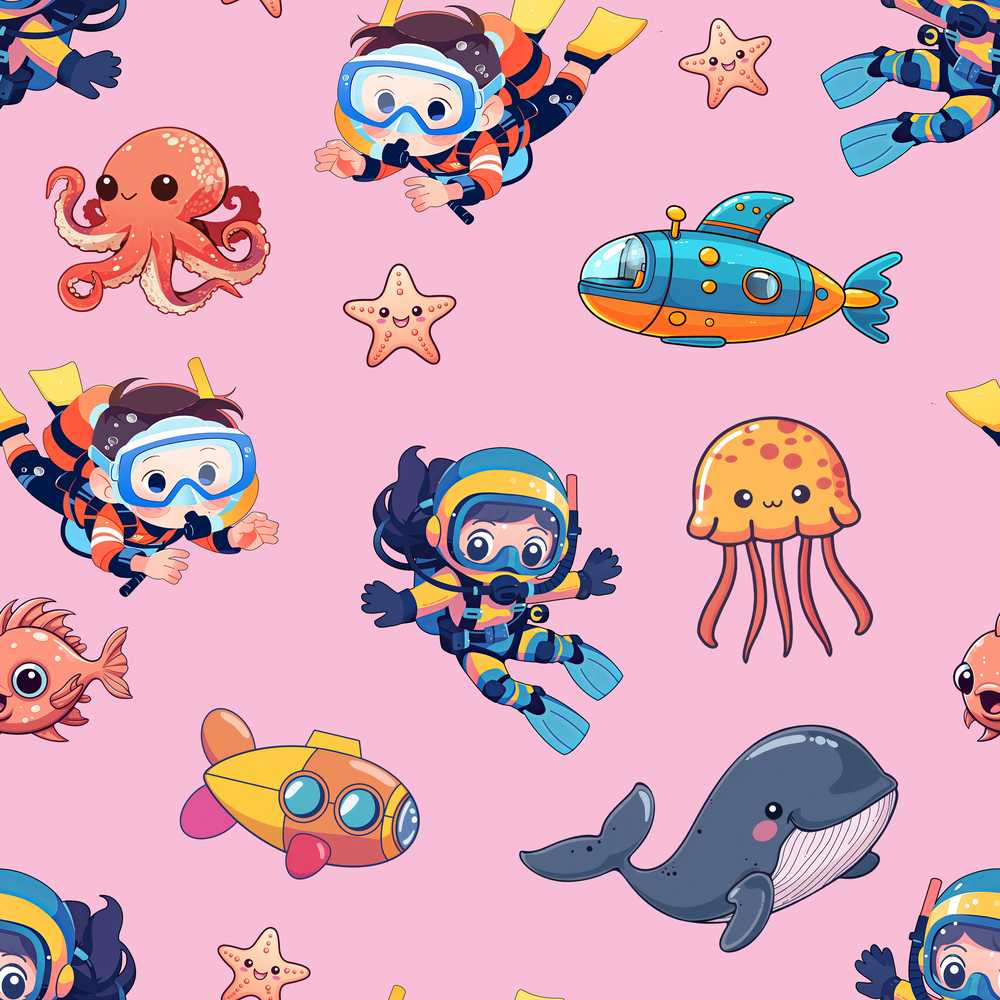 Kids Scuba Divers Submarine Jellyfish Ocean Animals Rose Pink Background
