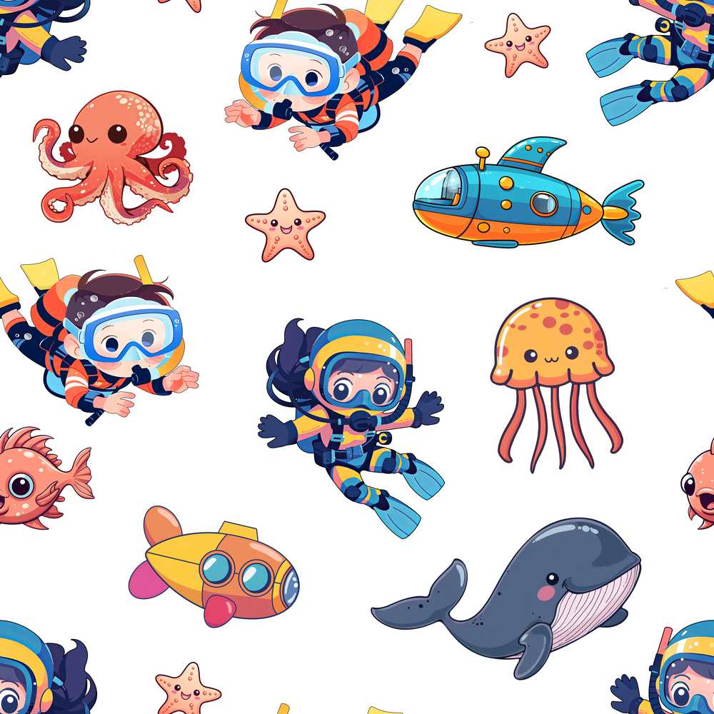 Kids Scuba Divers Submarine Jellyfish Ocean Animals Light Grey Background