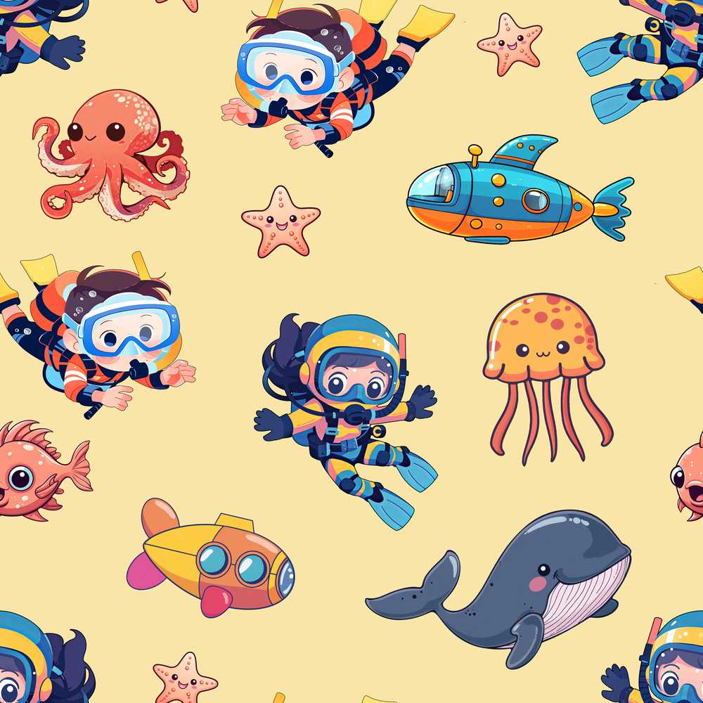 Kids Scuba Divers Submarine Jellyfish Ocean Animals Warm Beige Background
