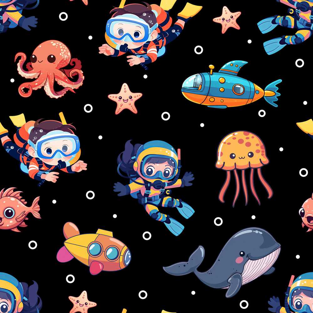 Kid Scuba Diver Submarine Jellyfish Ocean Animals Deep Black Bubble