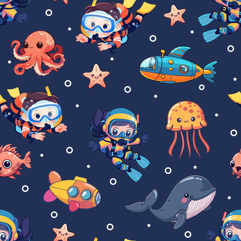 Kid Scuba Diver Submarine Jellyfish Ocean Animals Navy Blue Bubble