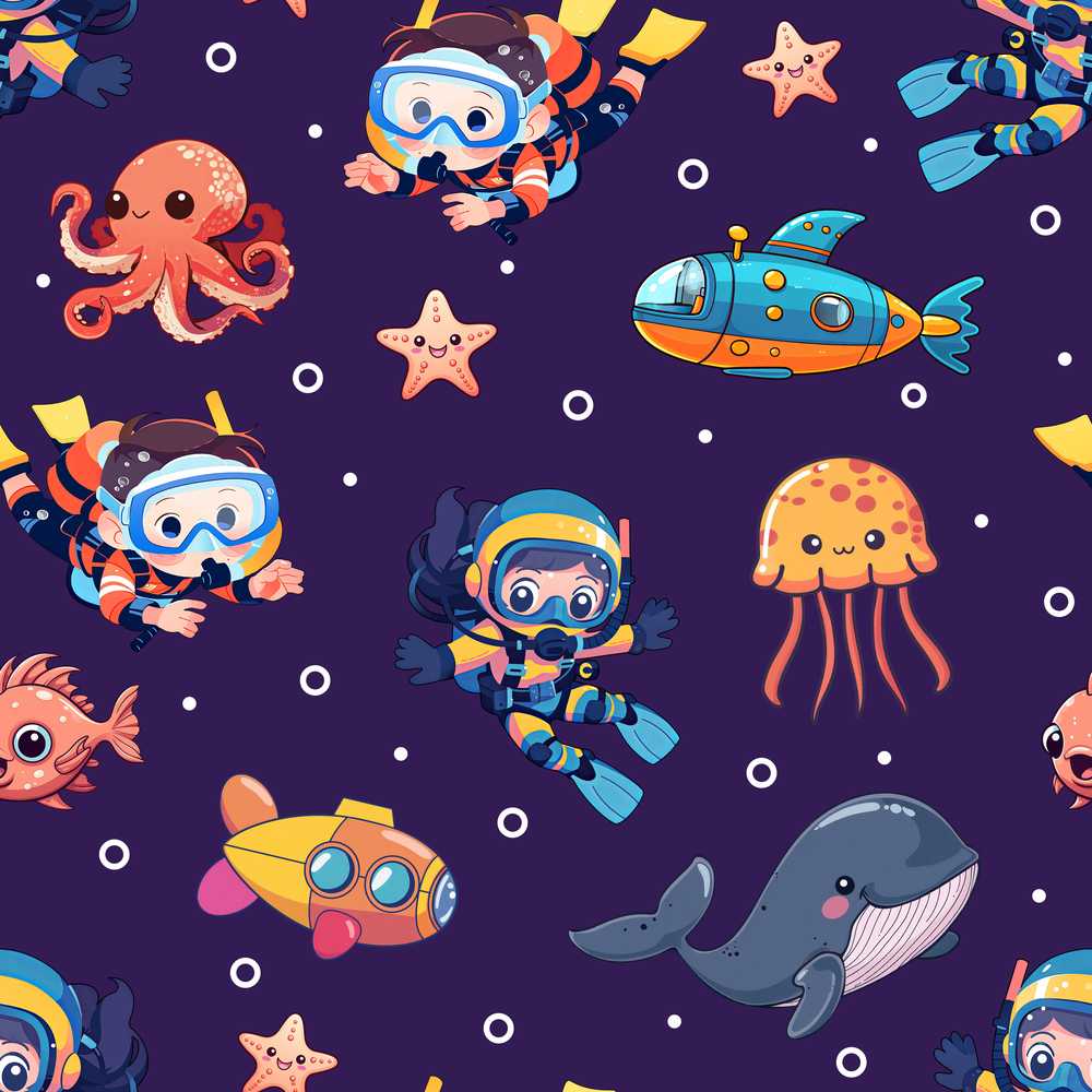 Kid Scuba Diver Submarine Jellyfish Ocean Animal Purple Bubble Background
