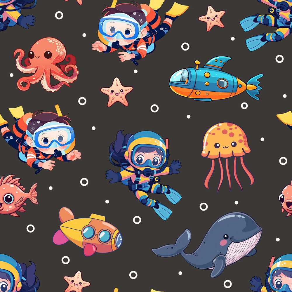 Kid Scuba Diver Submarine Jellyfish Ocean Animal Charcoal Bubble Background
