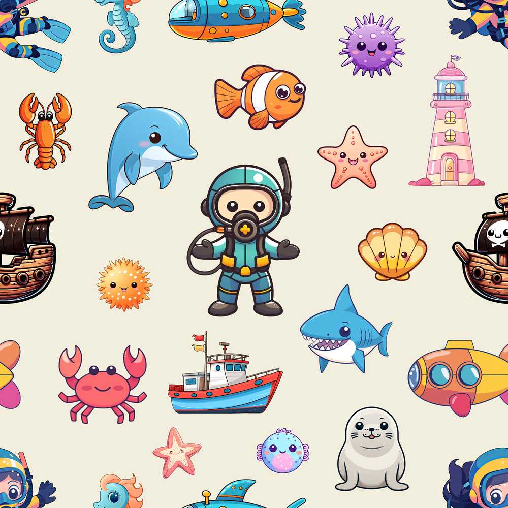 Cartoon Sea Animals Diver Dolphin Shark Crab Boat Lighthouse Cream