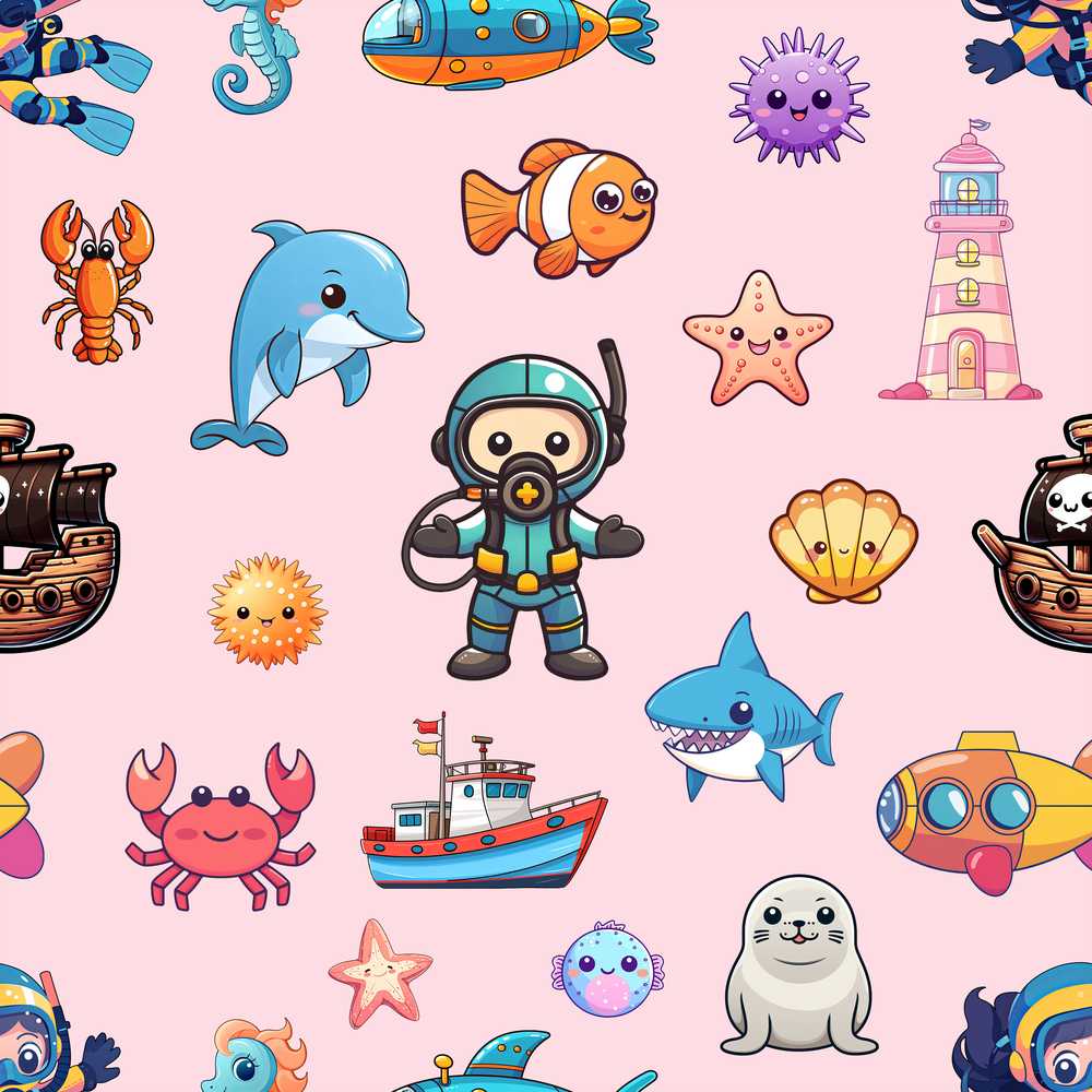 Cartoon Sea Animal Diver Dolphin Shark Boat Lighthouse Soft Pink