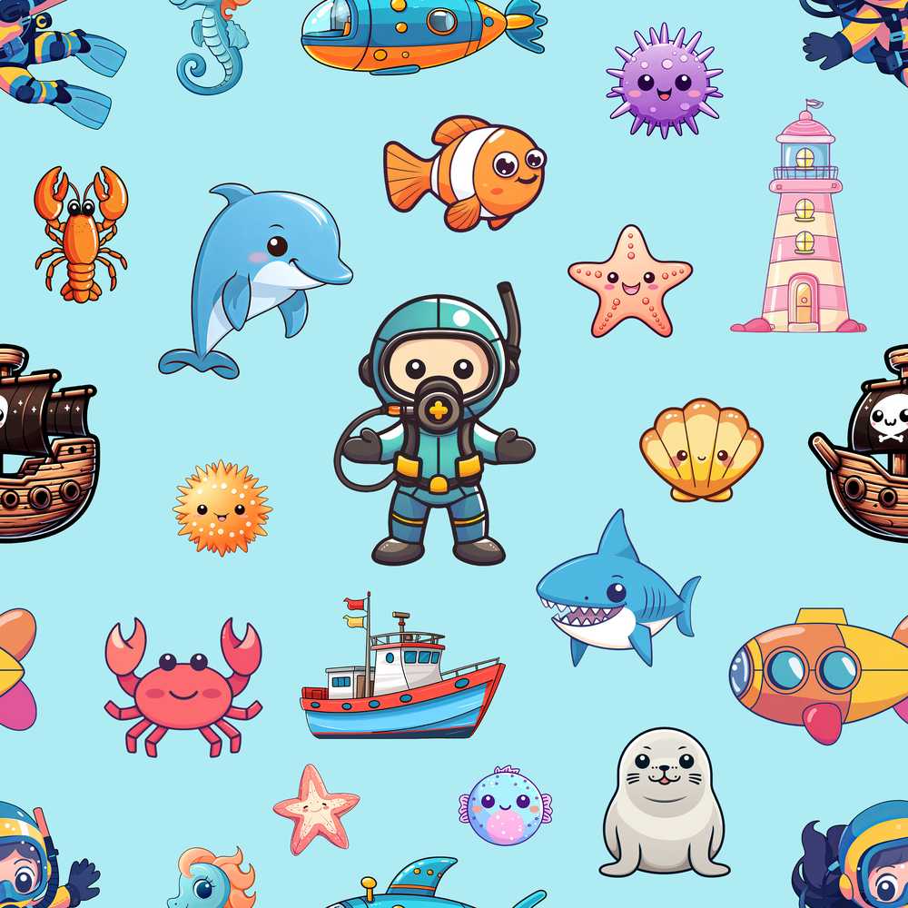 Cartoon Sea Animals Diver Dolphin Shark Boat Lighthouse Light Blue