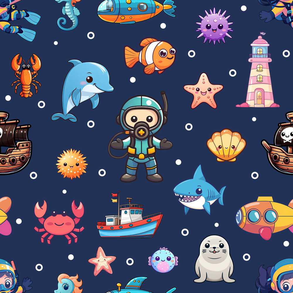 Cartoon Sea Animals Diver Dolphin Shark Crab Boat Navy Blue