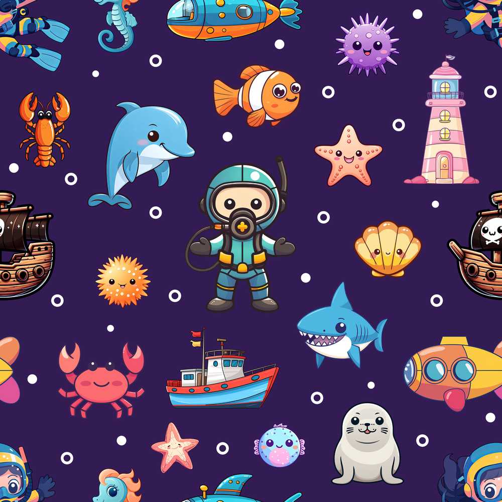 Cartoon Sea Animals Diver Dolphin Shark Crab Boat Purple Bubble