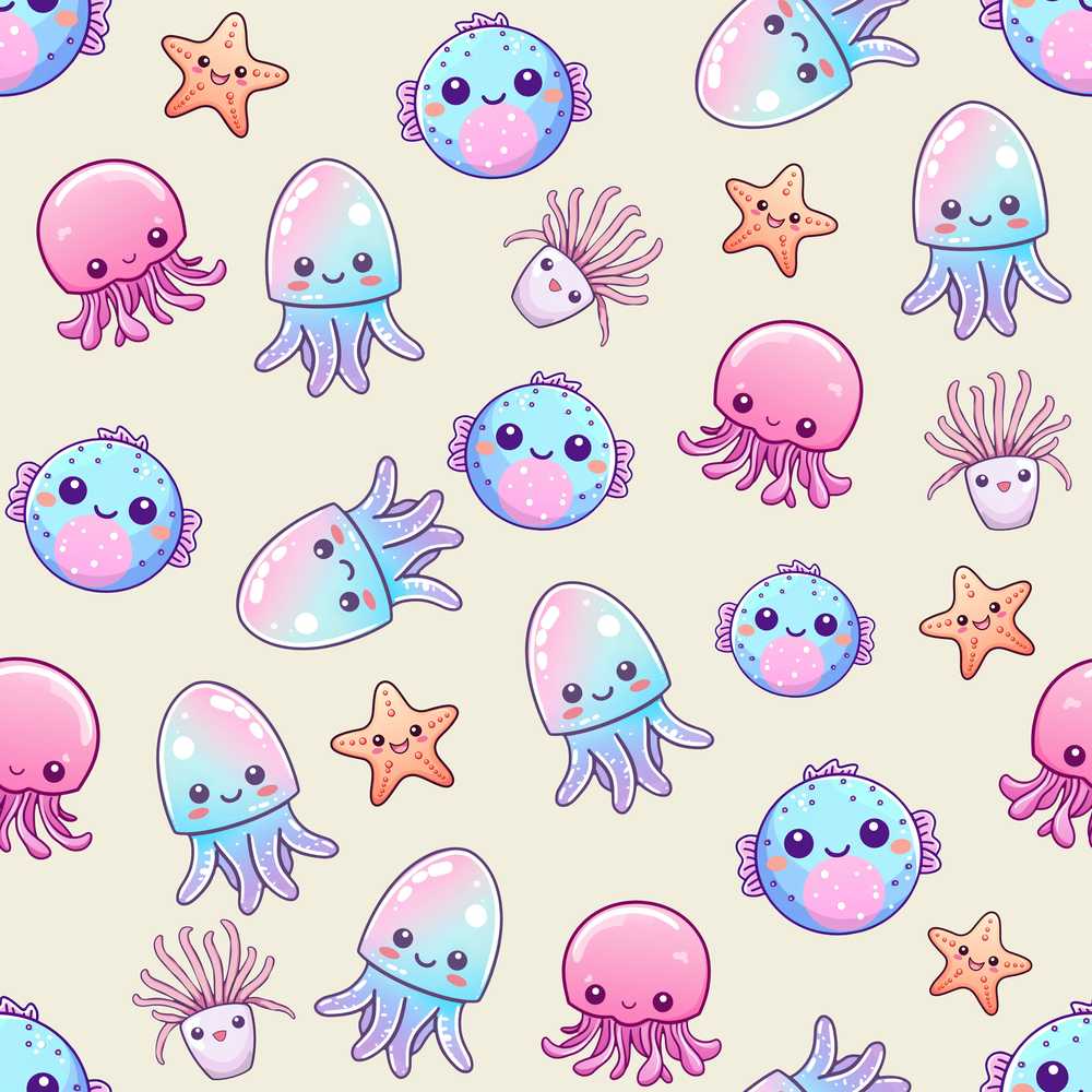 Cute Kawaii Jellyfish Starfish Pastel Ocean Creatures Cream Background