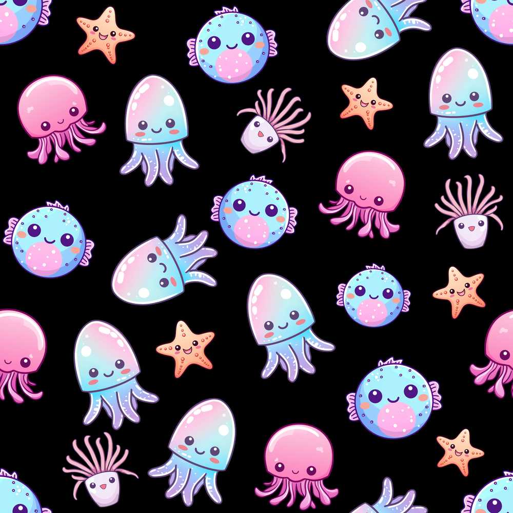 Kawaii Jellyfish Puffer Fish Starfish Pastel Ocean Creatures Black Background