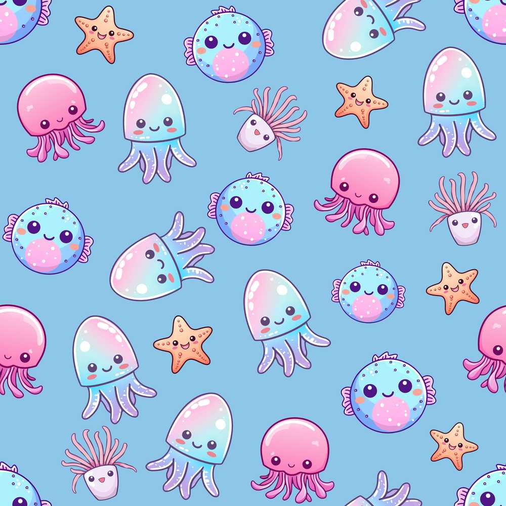 Kawaii Jellyfish Puffer Fish Starfish Pastel Ocean Creatures Blue Background