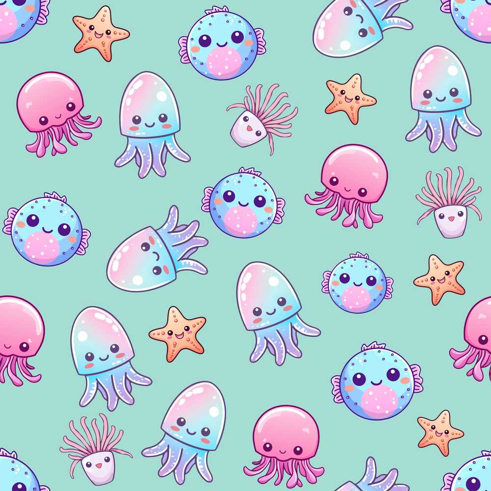 Kawaii Jellyfish Puffer Fish Starfish Pastel Ocean Creatures Mint Background