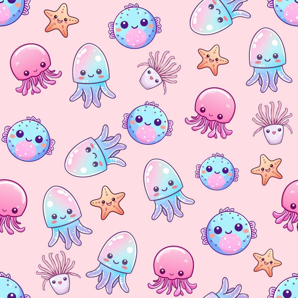 Kawaii Jellyfish Puffer Fish Starfish Pastel Ocean Creatures Pink Background