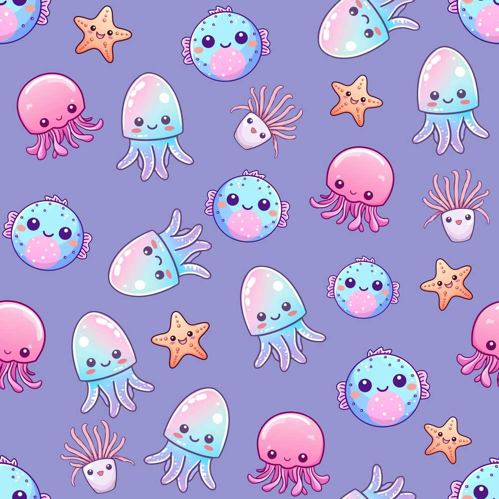 Jellyfish Puffer Fish Starfish Pastel Ocean Creatures Lavender Background