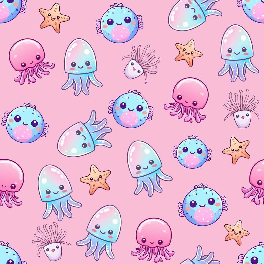 Kawaii Jellyfish Puffer Fish Starfish Pastel Ocean Creatures Rose Background