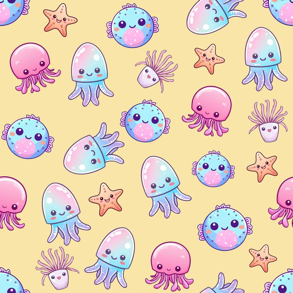 Kawaii Jellyfish Puffer Fish Starfish Pastel Ocean Creatures Yellow Background