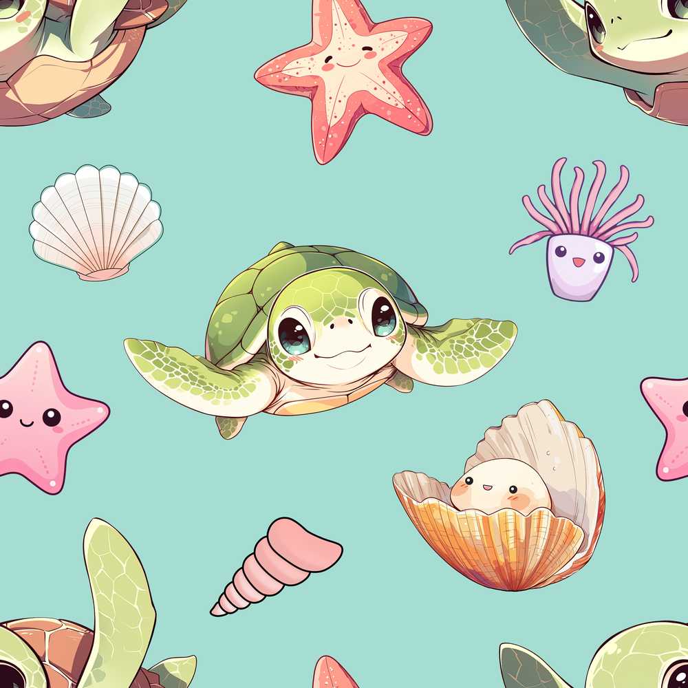 Cute Kawaii Sea Turtle Starfish Shells Ocean Friends Mint Background