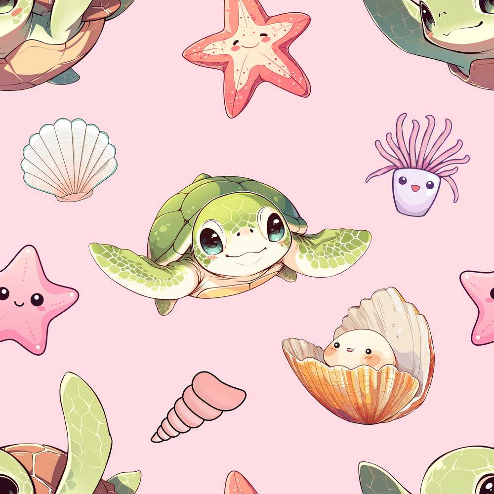 Cute Kawaii Sea Turtle Starfish Shells Ocean Friends Blush Background