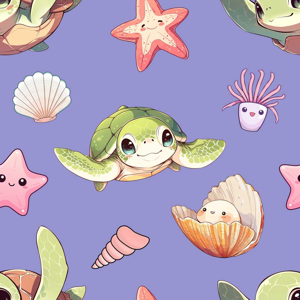 Cute Kawaii Sea Turtle Starfish Shells Ocean Friends Lavender Background