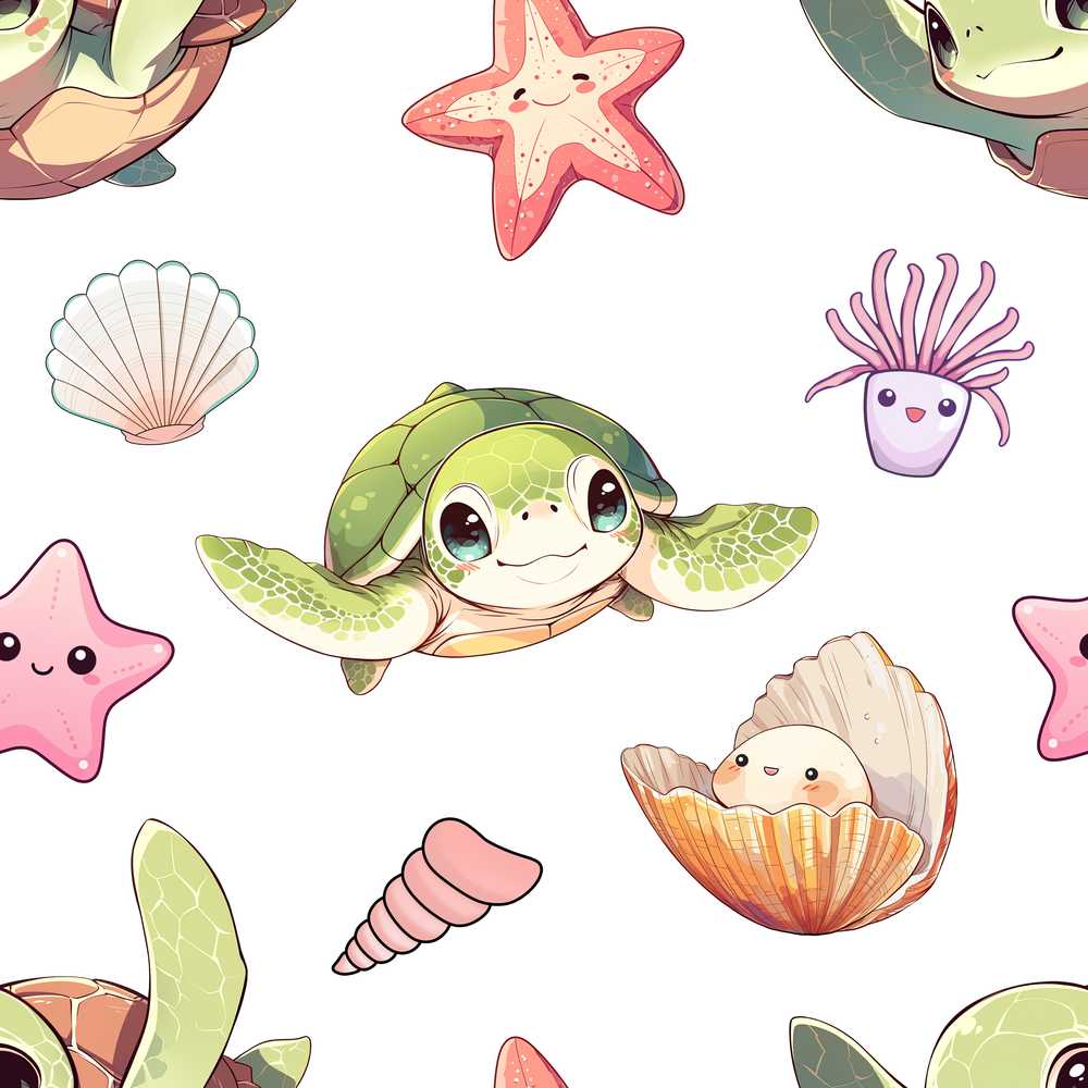 Cute Kawaii Sea Turtle Starfish Shells Ocean Friends Light Grey
