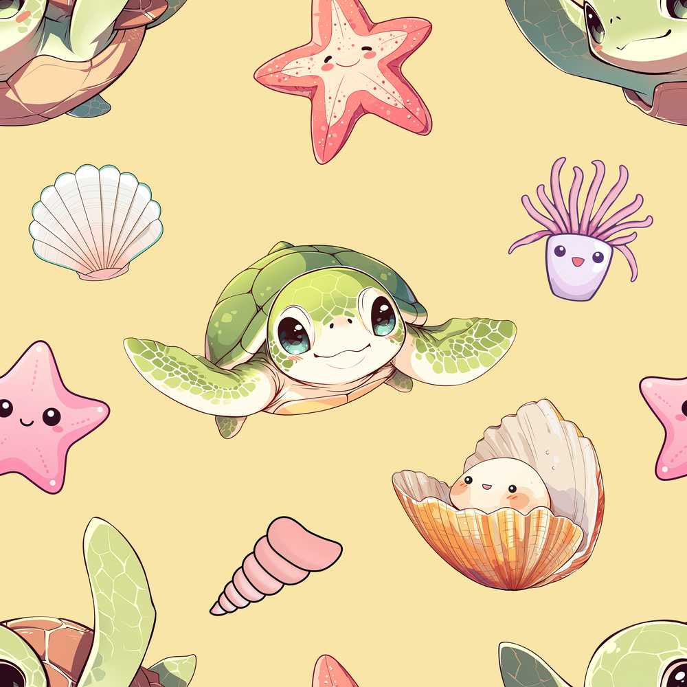 Cute Kawaii Sea Turtle Starfish Shells Ocean Friends Yellow Background