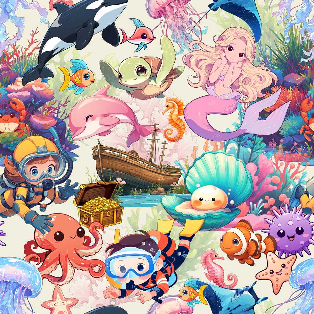 Cute Underwater Ocean Scene Mermaid Dolphin Turtle Treasure