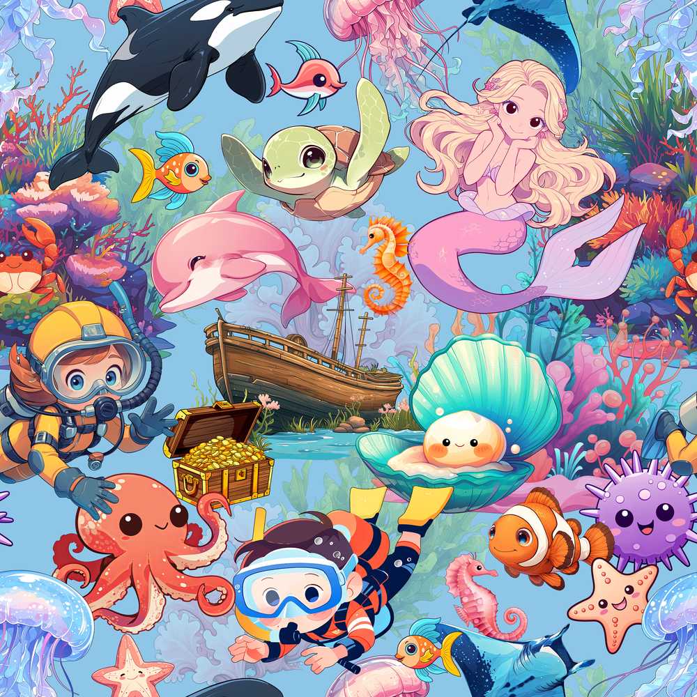 Cute Underwater Ocean Scene Mermaid Dolphin Turtle Treasure Blue