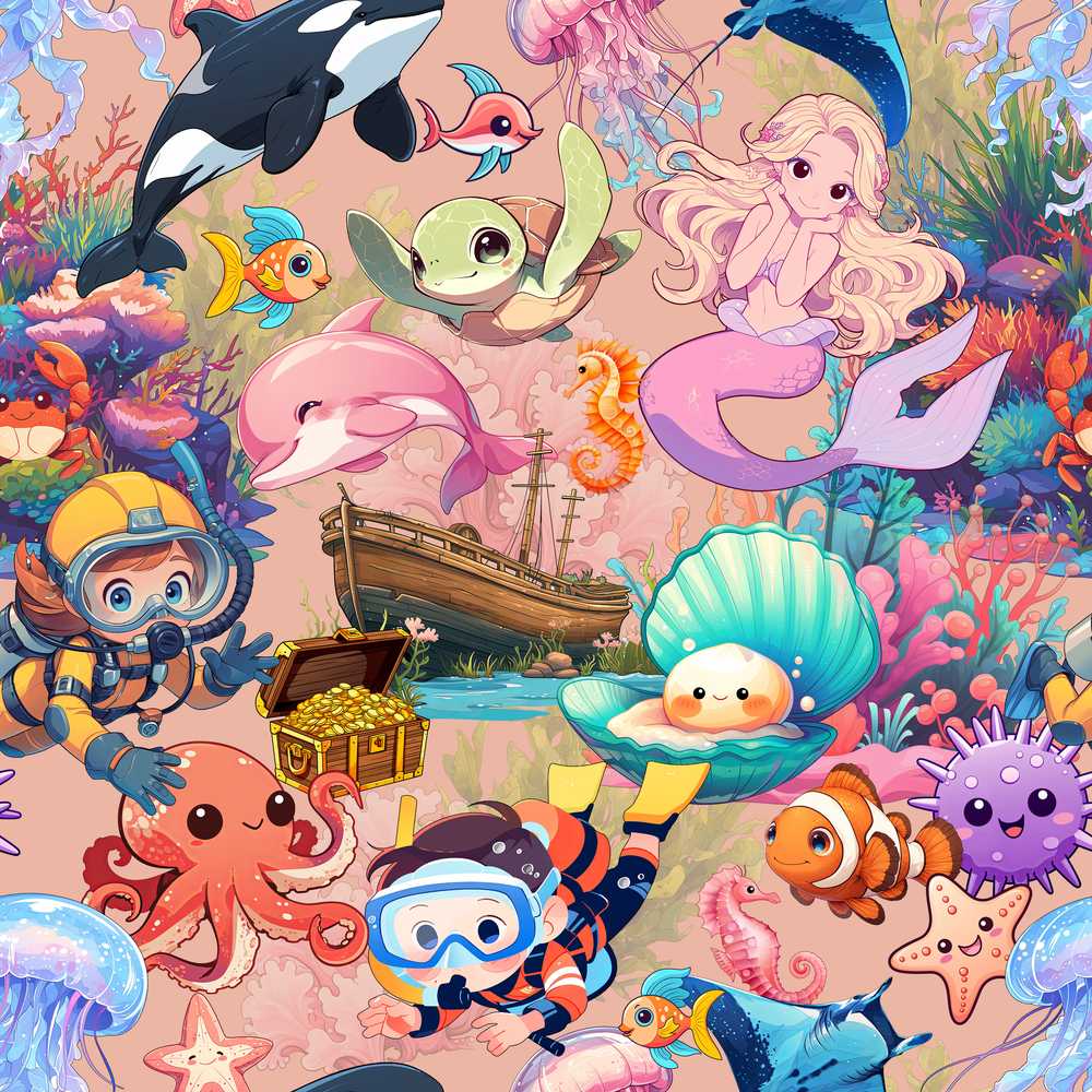 Cute Underwater Ocean Scene Mermaid Dolphin Turtle Treasure Peach