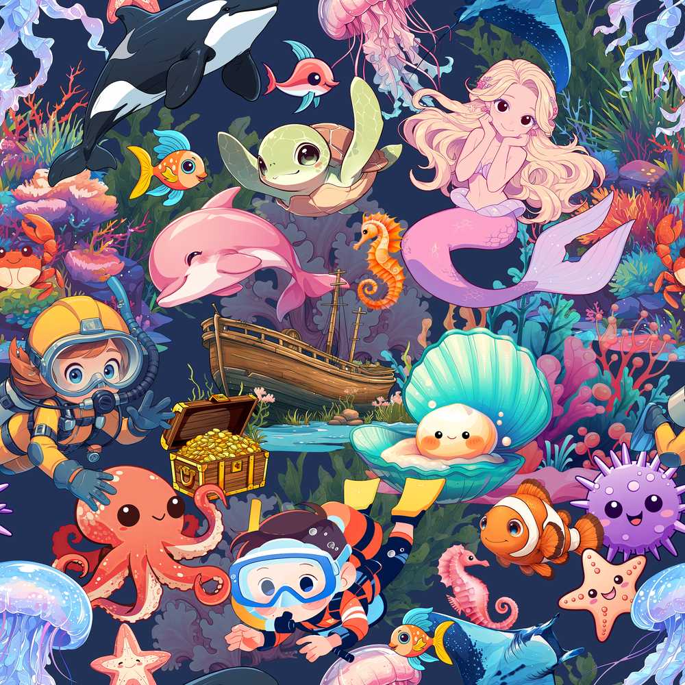 Cute Underwater Ocean Scene Mermaid Dolphin Turtle Treasure Dark