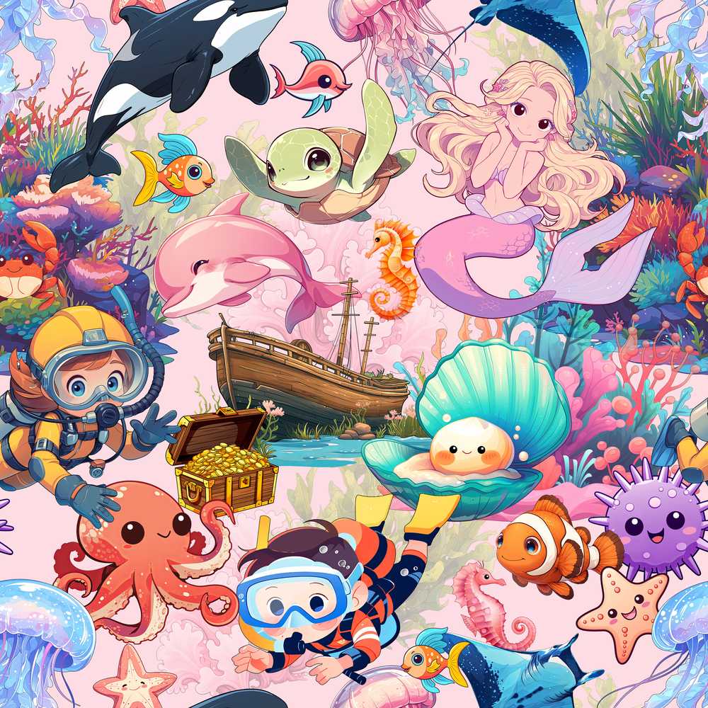 Cute Underwater Ocean Scene Mermaid Dolphin Turtle Treasure Pink