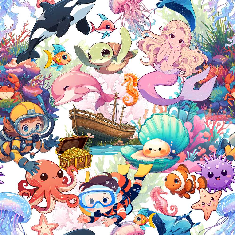 Cute Underwater Ocean Scene Mermaid Dolphin Turtle Treasure White