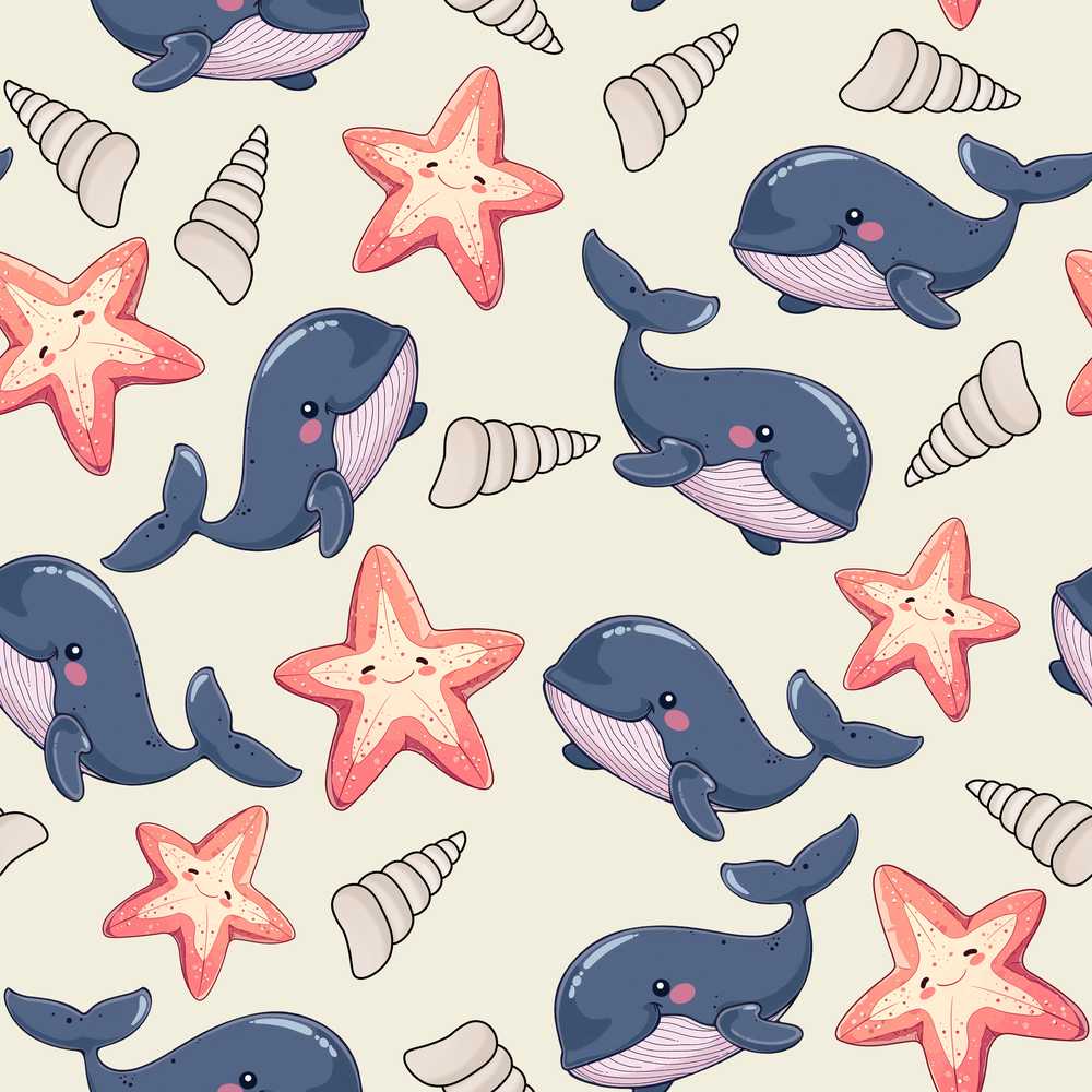 Cute Kawaii Whale Starfish Seashell Ocean Animals Beige Background