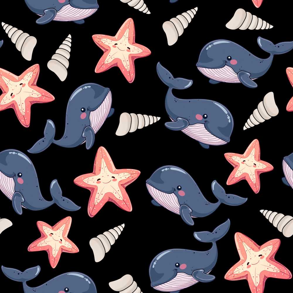 Cute Kawaii Whale Starfish Seashell Ocean Animals Black Background