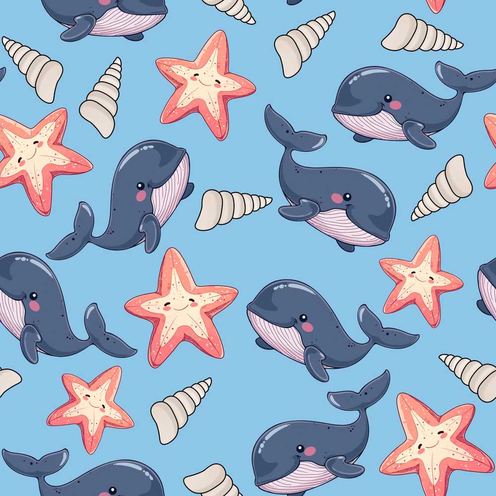 Cute Kawaii Whale Starfish Seashell Ocean Animals Blue Background