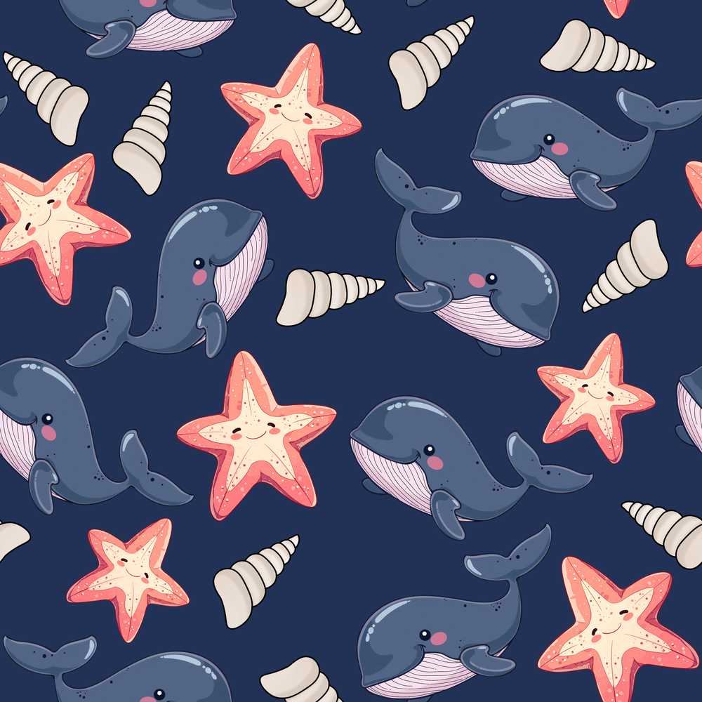 Cute Kawaii Whale Starfish Seashell Ocean Animals Navy Background